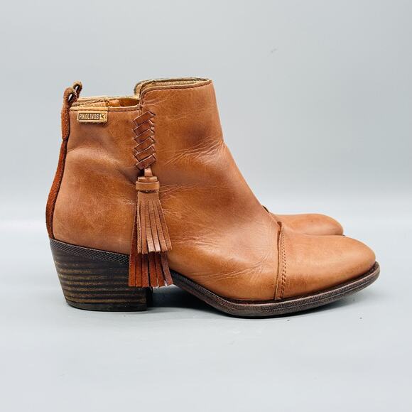 PIKOLINOS Shoes - Pikolinos Boots Womens 6.5 Brown Leather Ankle Tassel Zip Block Heel Booties